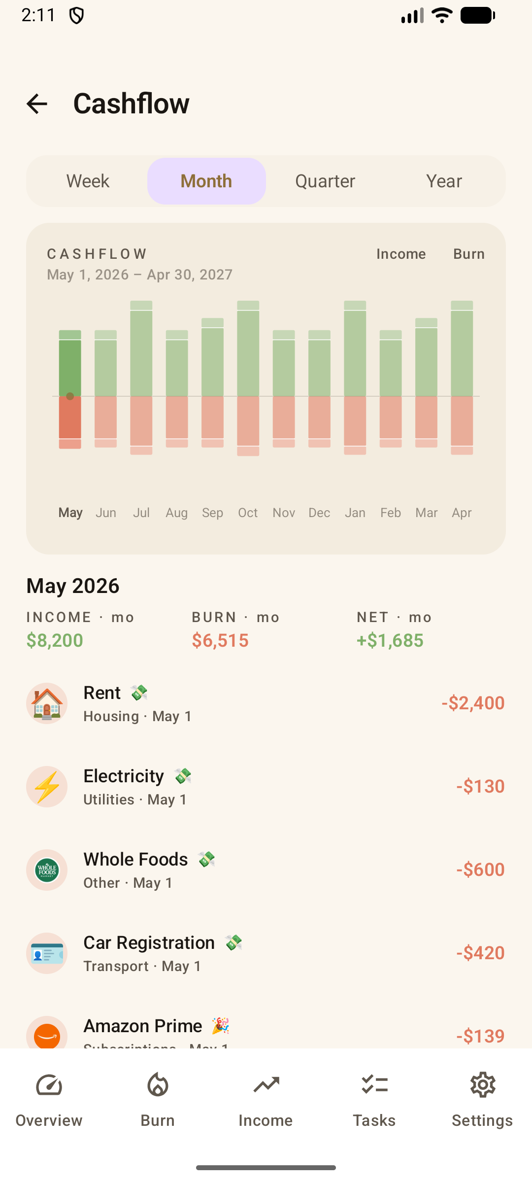 Flint cashflow calendar screen